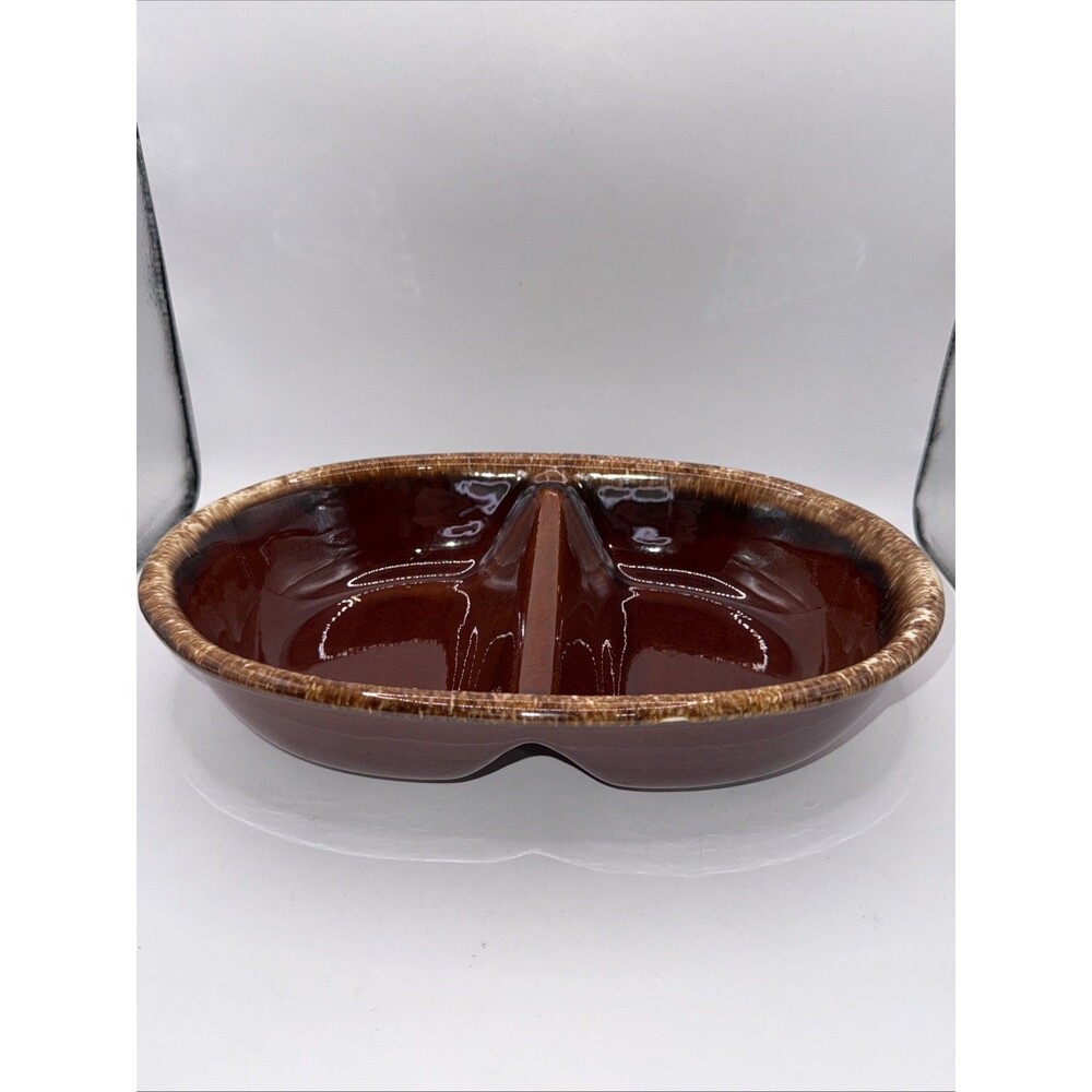 Vintage H.P. Hull USA Brown Drip Pottery Divided Casserole Dish Oven Proof EUC